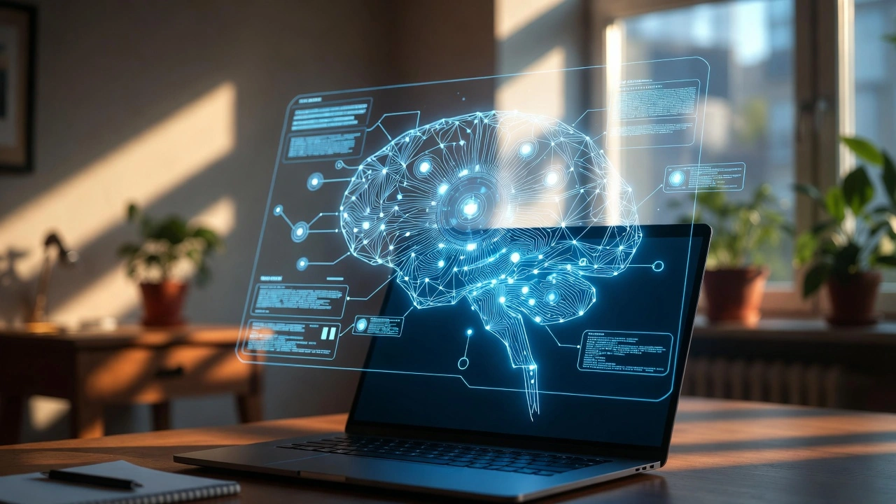 Laptop mit Darstellung eines digitalen Gehirns als Symbol für Künstliche Intelligenz und digitale Technologien.