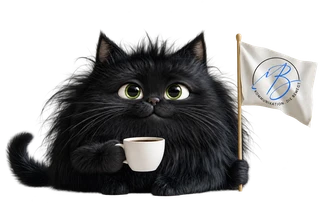 Schwarze Katze mit Kaffeetasse und MB-Fahne
