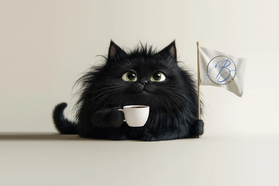 Schwarze Katze mit einer Tasse Kaffee in der Pfote und einer kleinen Fahne mit dem Logo von MB-Trainings