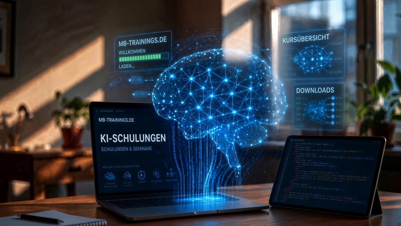 Arbeitsplatz mit Laptop und Tablet: auf dem Bildschirm die Seite mb-trainings.de mit KI-Schulungen, darüber ein leuchtendes Gehirnmodell mit Datenkurven und Netzstrukturen.